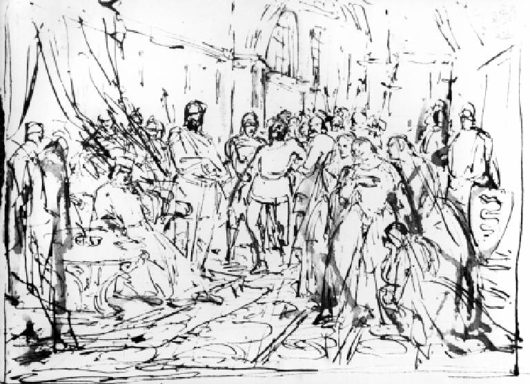 EPISODIO STORICO PRESSO LA CORTE DEI VISCONTI (disegno) di Angelo Inganni (attr.) (sec. XIX)