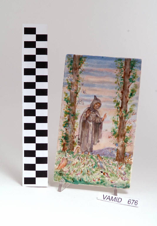 San Francesco d'Assisi predica agli uccelli (piastrella) di Bellorini Giuseppe; Società Ceramica Italiana Laveno (secondo quarto sec. XX)