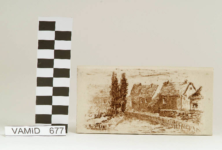 Paesaggio campestre con case e torrente (piastrella) di Bellorini Giuseppe; Società Ceramica Italiana Laveno (secondo quarto sec. XX)
