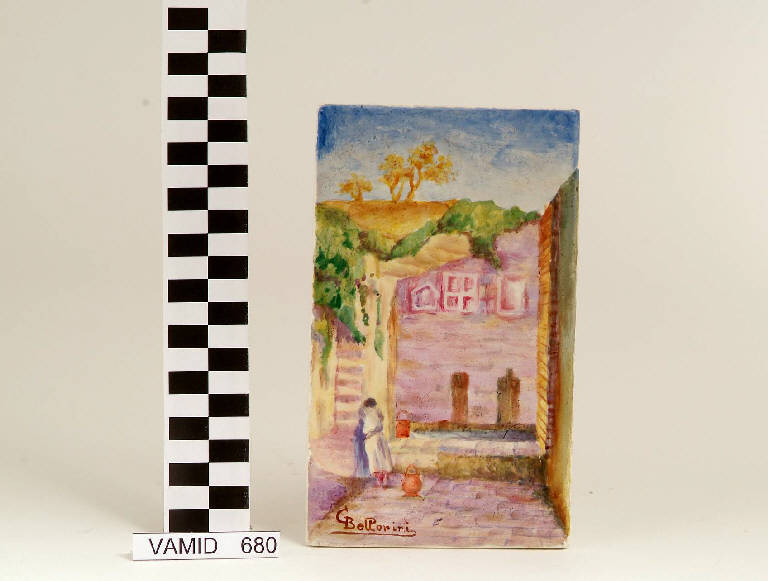 Paesaggio con case (piastrella) di Bellorini Giuseppe; Società Ceramica Italiana Laveno (secondo quarto sec. XX)