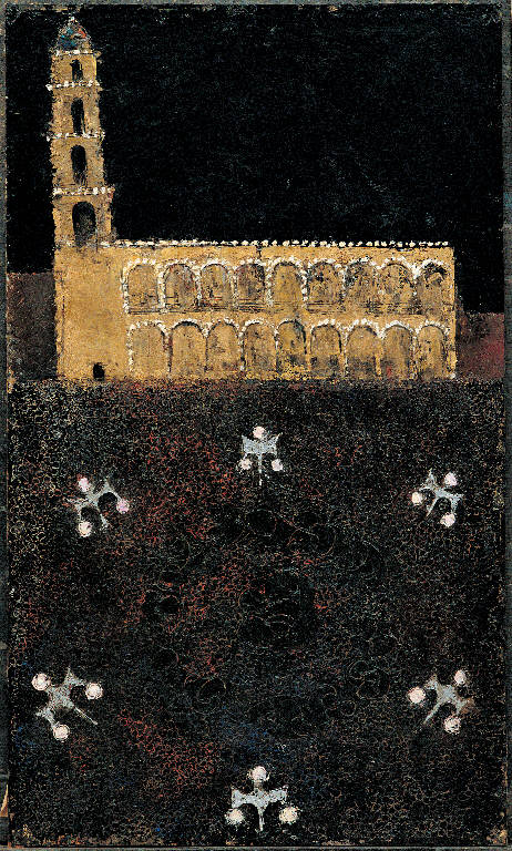 Mexican Night (Curch & Rosette), Paesaggio con architetture (dipinto) di Congdon Grosvenor, William - ambito statunitense Action Painting (sec. XX)
