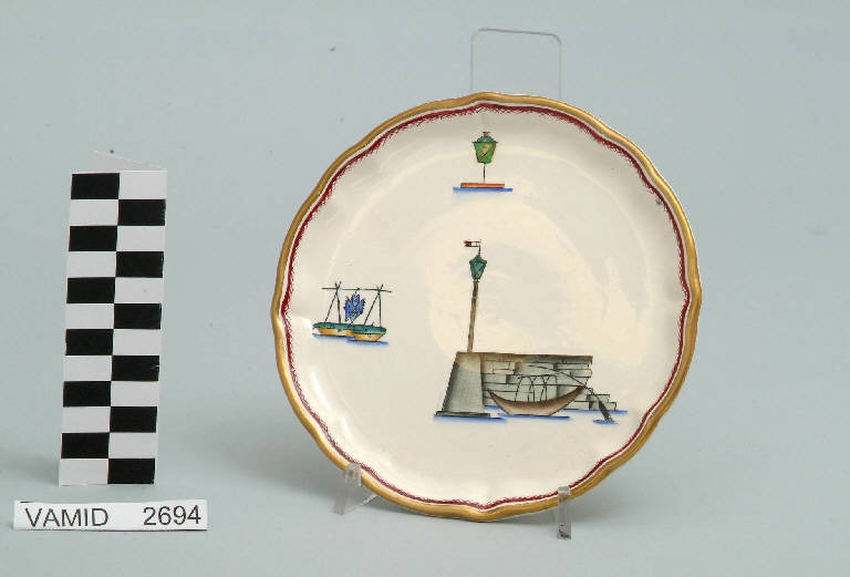 Veduta ed elementi caratteristici del Lago Maggiore (piatto da dolce) di Andlovitz Guido; Società Ceramica Italiana Laveno (sec. XX)