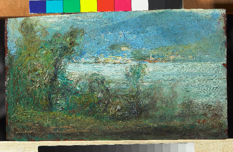 Lago di Como, Paesaggio lacustre (dipinto) di Pasinetti, Antonio - ambito lombardo (fine sec. XIX)
