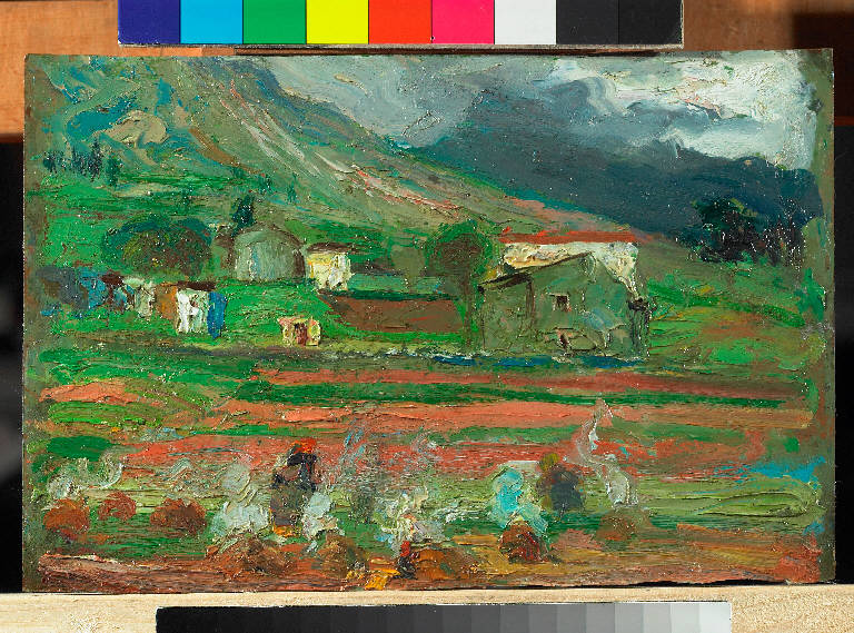 La bruciatura della gramigna, Paesaggio montano (dipinto) di Pasinetti, Antonio - ambito lombardo (inizio sec. XX)