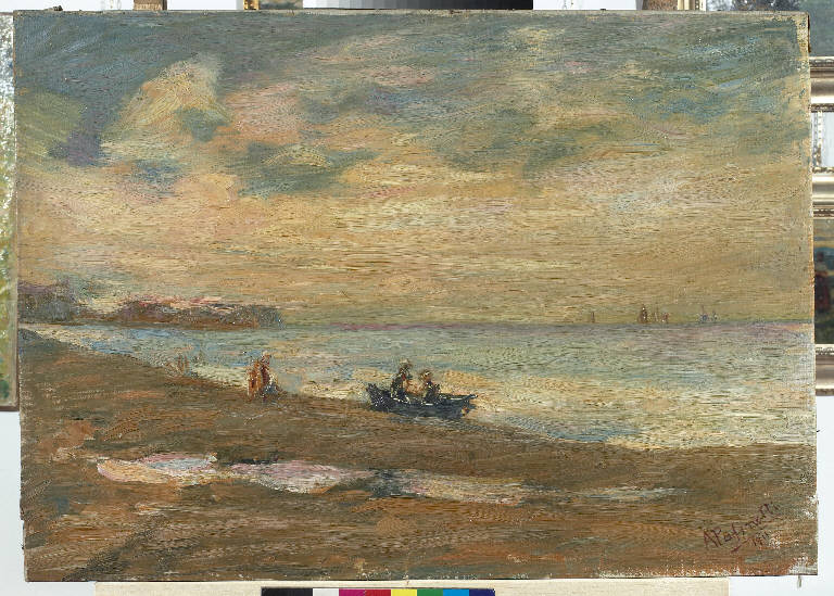 Marina di Fano, Paesaggio marino con pescatori (dipinto) di Pasinetti, Antonio - ambito lombardo (inizio sec. XX)