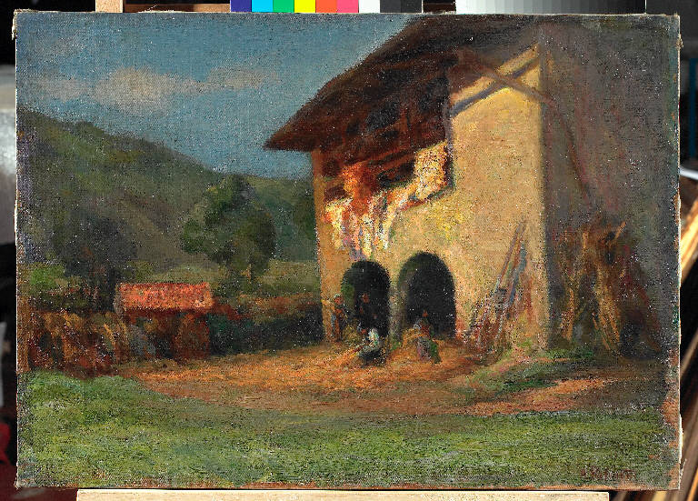 Rustico a San Lorenzo, Paesaggio montano (dipinto) di Pasinetti, Antonio - ambito lombardo (inizio sec. XX)