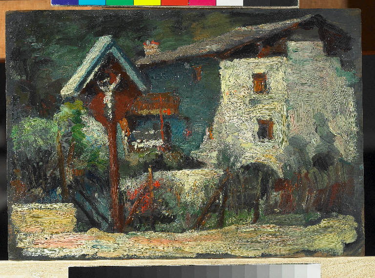 La cappelletta, Paesaggio montano (dipinto) di Pasinetti, Antonio - ambito lombardo (inizio sec. XX)