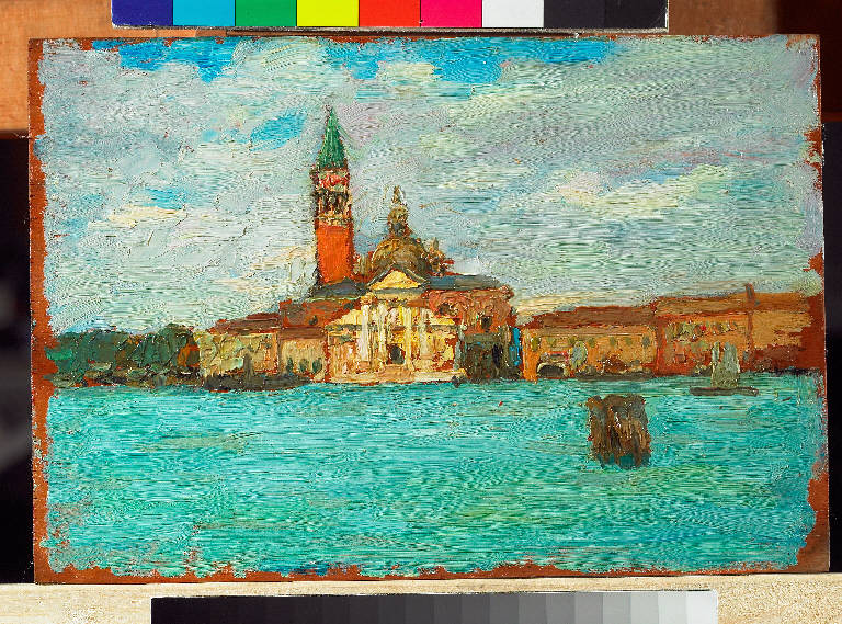 San Giorgio, giornata di vento, Paesaggio lagunare (dipinto) di Pasinetti, Antonio - ambito lombardo (inizio sec. XX)