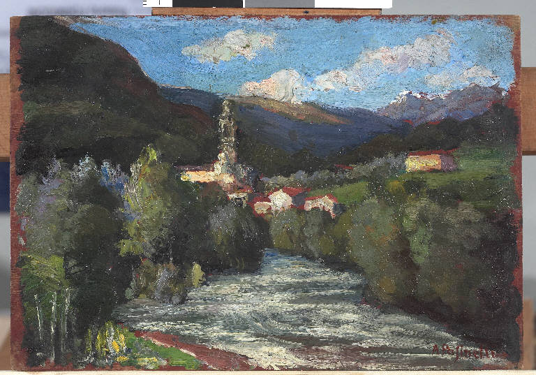 Studio per Fiume Oglio (Edolo), Paesaggio montano (dipinto) di Pasinetti, Antonio - ambito lombardo (inizio sec. XX)