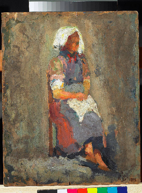 Contadina, Figura femminile seduta (dipinto) di Pasinetti, Antonio - ambito lombardo (seconda metà sec. XIX)