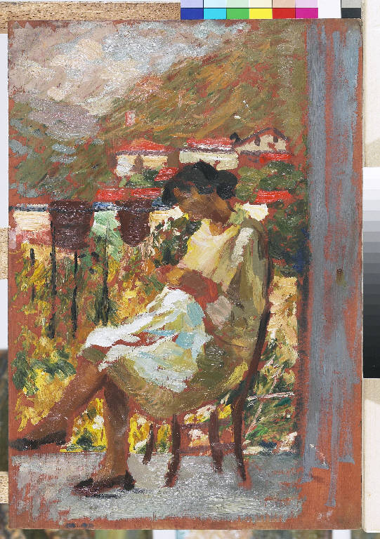 Fanciulla al balcone, Figura femminile (dipinto) di Pasinetti, Antonio - ambito lombardo (prima metà sec. XX)