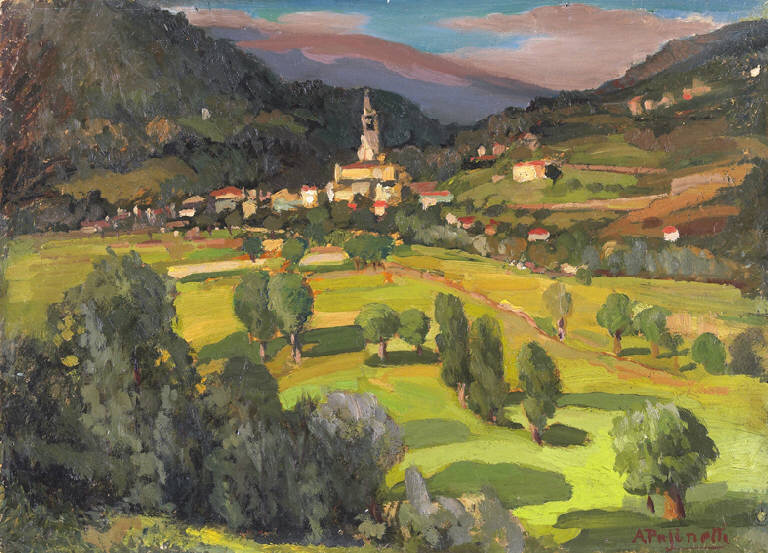 Edolo, Paesaggio montano (dipinto) di Pasinetti, Antonio - ambito lombardo (inizio sec. XX)