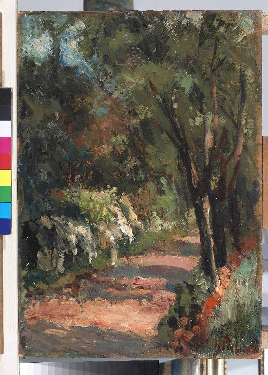 Viale di giardino, Paesaggio con alberi (dipinto) di Pasinetti, Antonio - ambito lombardo (prima metà sec. XX)