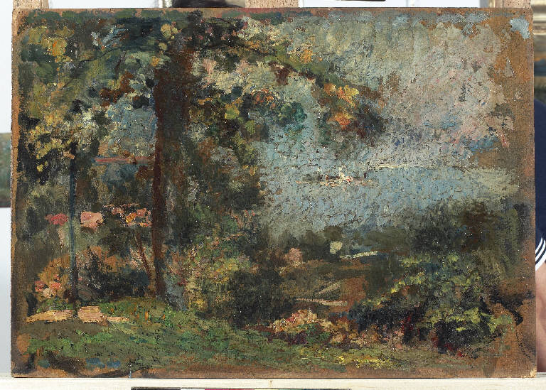 Da Stresa, Paesaggio lacustre (dipinto) di Pasinetti, Antonio - ambito lombardo (inizio sec. XX)