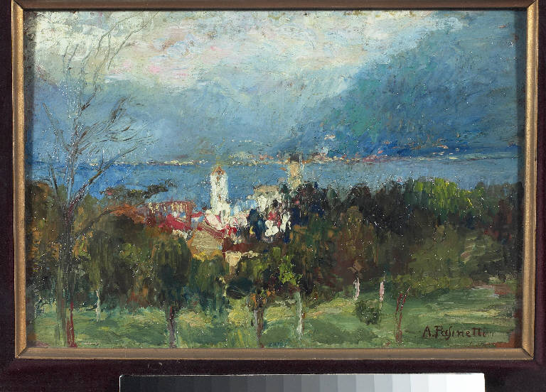 Pusiano, Paesaggio lacustre (dipinto) di Pasinetti, Antonio - ambito lombardo (primo quarto sec. XX)