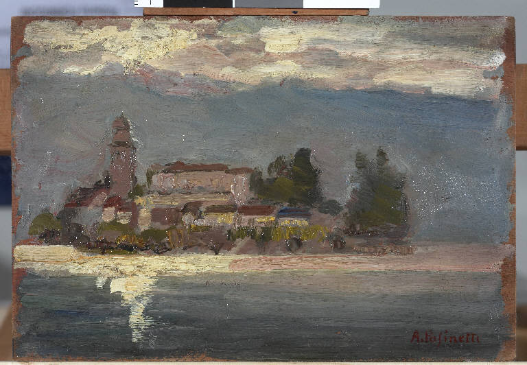 L'isola dei pescatori, Paesaggio lacustre (dipinto) di Pasinetti, Antonio - ambito lombardo (prima metà sec. XX)