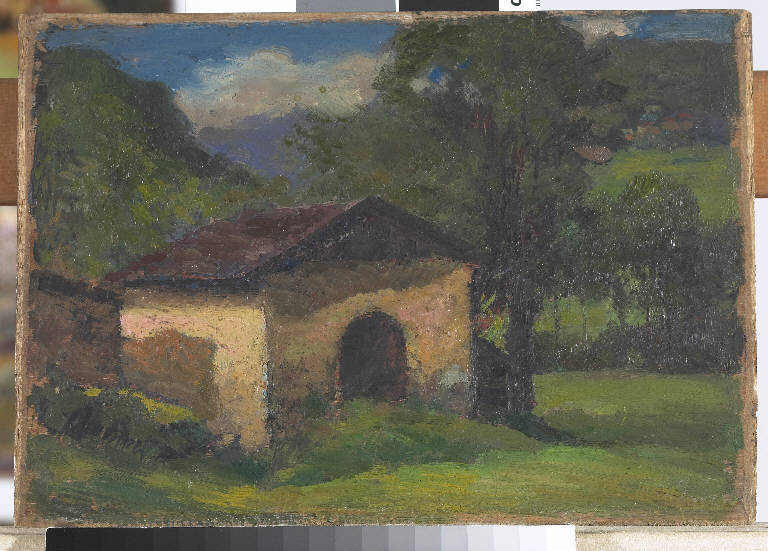 Studio per Fienile nei castagni, Paesaggio montano (dipinto) di Pasinetti, Antonio - ambito lombardo (seconda metà sec. XX)