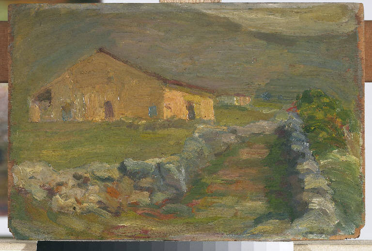 Baita a Bratto, Paesaggio montano (dipinto) di Pasinetti, Antonio - ambito lombardo (inizio sec. XX)