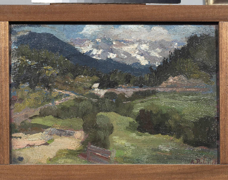 Il Baitone a Vezza d'Oglio, Paesaggio montano (dipinto) di Pasinetti, Antonio - ambito lombardo (prima metà sec. XX)