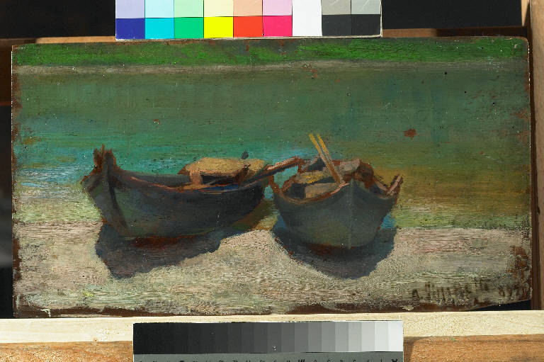 Barche sul lago di Como, Paesaggio lacustre (dipinto) di Pasinetti, Antonio - ambito lombardo (fine sec. XIX)