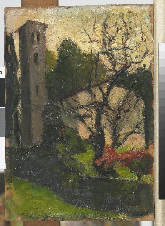 Albero senza foglie. Bellagio, Paesaggio con alberi e chiesa (dipinto) di Pasinetti, Antonio - ambito lombardo (secondo quarto sec. XX)