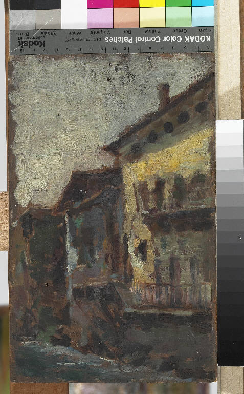 Paesaggio fluviale con abitazioni (dipinto) di Pasinetti, Antonio - ambito lombardo (primo quarto sec. XX)