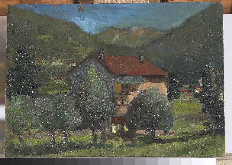 Paesaggio montano con abitazioni (dipinto) di Pasinetti, Antonio - ambito lombardo (primo quarto sec. XX)