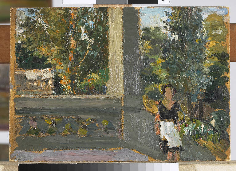 Stresa (cameriere sulla veranda), Paesaggio con figura umana (dipinto) di Pasinetti, Antonio - ambito lombardo (primo quarto sec. XX)
