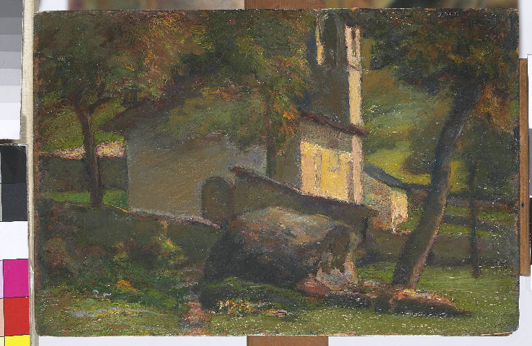 Chiesetta abbandonata, Paesaggio montano con chiesa (dipinto) di Pasinetti, Antonio - ambito lombardo (primo quarto sec. XX)