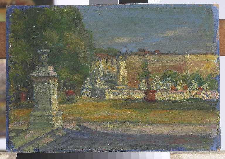 Paesaggio con giardino e architetture (dipinto) di Pasinetti, Antonio - ambito lombardo (prima metà sec. XX)