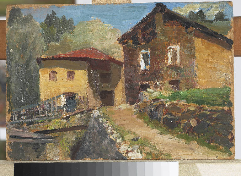 Rustici a Vezza d'Oglio, Paesaggio montano (dipinto) di Pasinetti, Antonio - ambito lombardo (secondo quarto sec. XX)