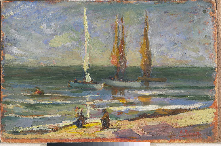 Spiaggia di Fano, Paesaggio marino con figure umane e imbarcazioni (dipinto) di Pasinetti, Antonio - ambito lombardo (primo quarto sec. XX)