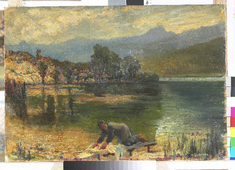 Lago di Ledro, Paesaggio lacustre (dipinto) di Pasinetti, Antonio - ambito lombardo (primo quarto sec. XX)