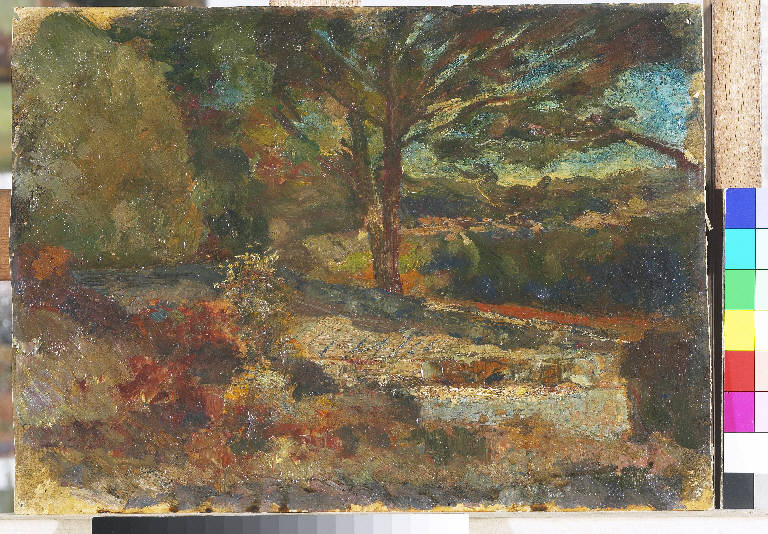 Caprera, Paesaggio con alberi (dipinto) di Pasinetti, Antonio - ambito lombardo (primo quarto sec. XX)