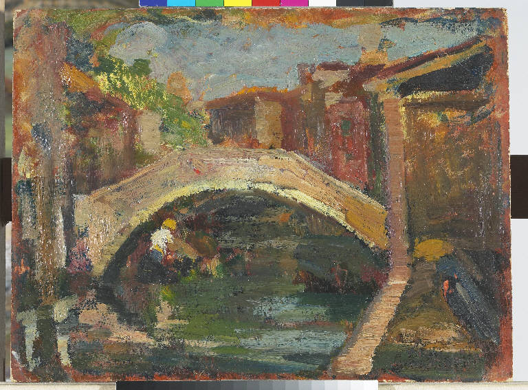 Ponte a Venezia, Paesaggio lagunare (dipinto) di Pasinetti, Antonio - ambito lombardo (prima metà sec. XX)