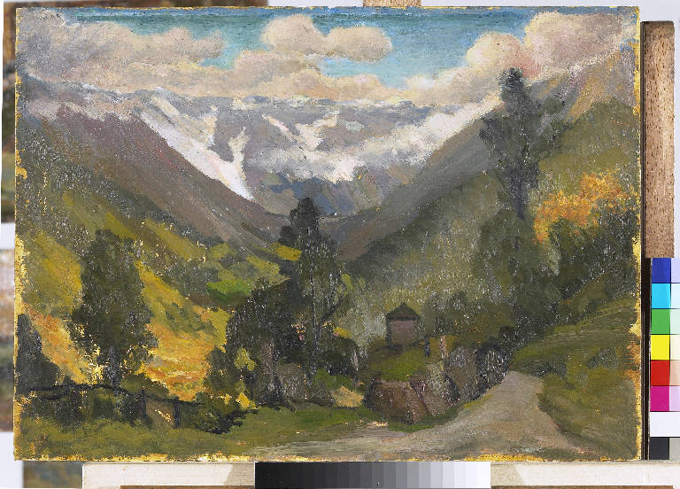 Il Baitone a Vezza d'Oglio, Paesaggio montano (dipinto) di Pasinetti, Antonio - ambito lombardo (secondo quarto sec. XX)
