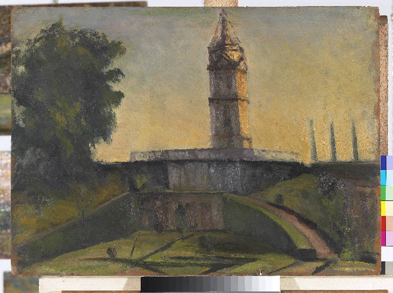 Chiesetta, Paesaggio con chiesa (dipinto) di Pasinetti, Antonio - ambito lombardo (primo quarto sec. XX)