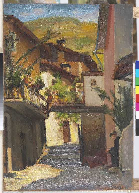 Rustico all'Aprica, Paesaggio montano con abitazioni (dipinto) di Pasinetti, Antonio - ambito lombardo (secondo quarto sec. XX)