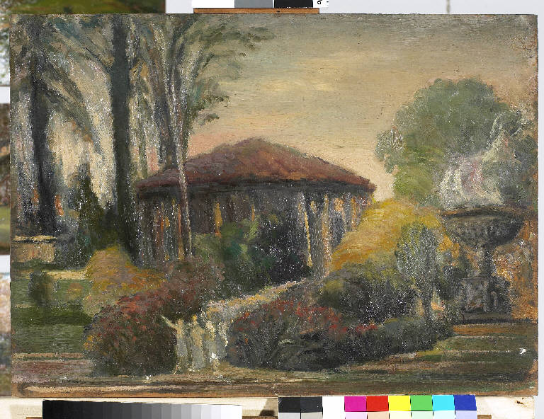 Villa di Linate, Paesaggio con giardino (dipinto) di Pasinetti, Antonio - ambito lombardo (secondo quarto sec. XX)