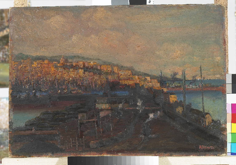Il porto di Genova, Paesaggio portuale (dipinto) di Pasinetti, Antonio - ambito lombardo (primo quarto sec. XX)