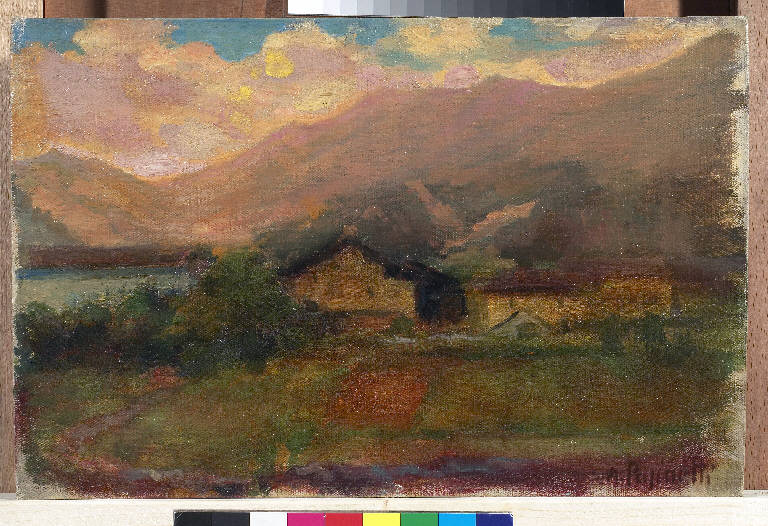Schizzo per Bratto, Paesaggio montano con abitazioni (dipinto) di Pasinetti, Antonio - ambito lombardo (inizio sec. XX)