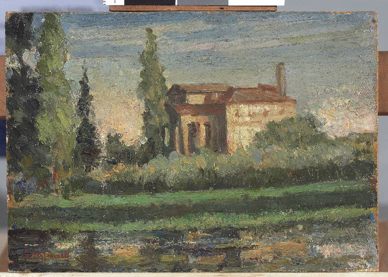 Fusine - Villa Malcontenta, Paesaggio con villa e alberi (dipinto) di Pasinetti, Antonio - ambito lombardo (secondo quarto sec. XX)