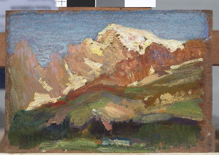 Monte Bianco da Plan Pencieux, Paesaggio montano (dipinto) di Pasinetti, Antonio - ambito lombardo (primo quarto sec. XX)