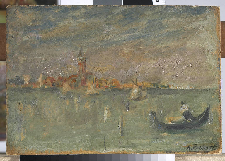Laguna di Venezia, Paesaggio lagunare con abitazioni (dipinto) di Pasinetti, Antonio - ambito lombardo (primo quarto sec. XX)