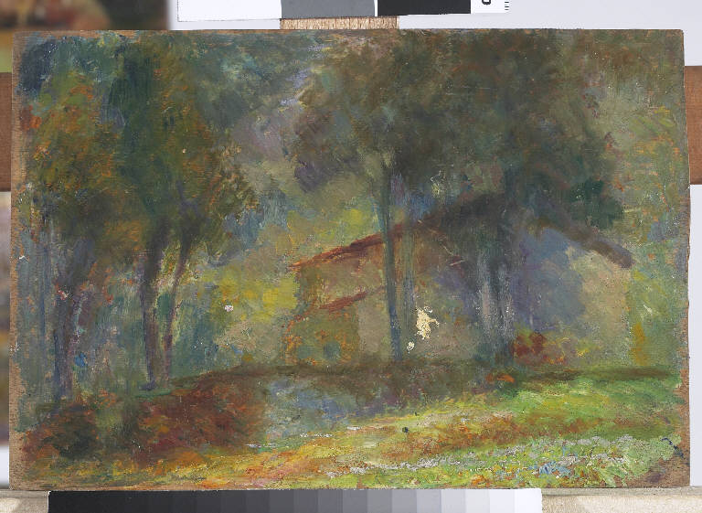 Giuochi d'ombra, Paesaggio montano con abitazione (dipinto) di Pasinetti, Antonio - ambito lombardo (primo quarto sec. XX)