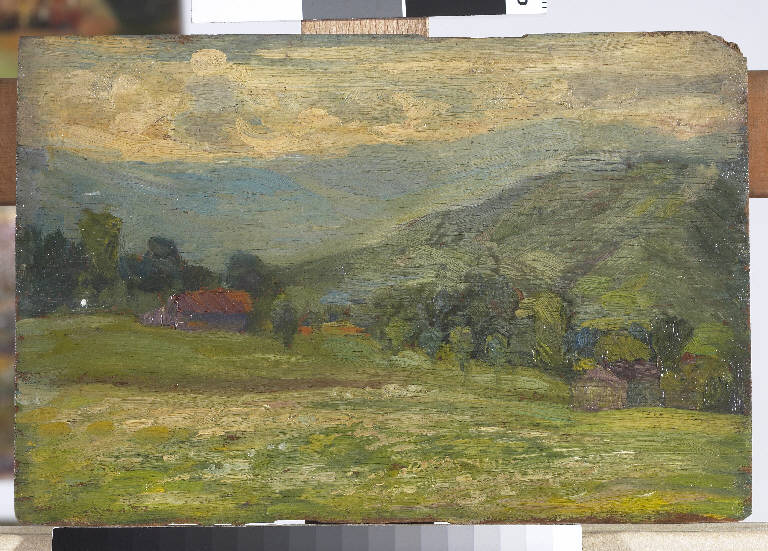 Prato e monti, Paesaggio montano con abitazioni (dipinto) di Pasinetti, Antonio - ambito lombardo (primo quarto sec. XX)
