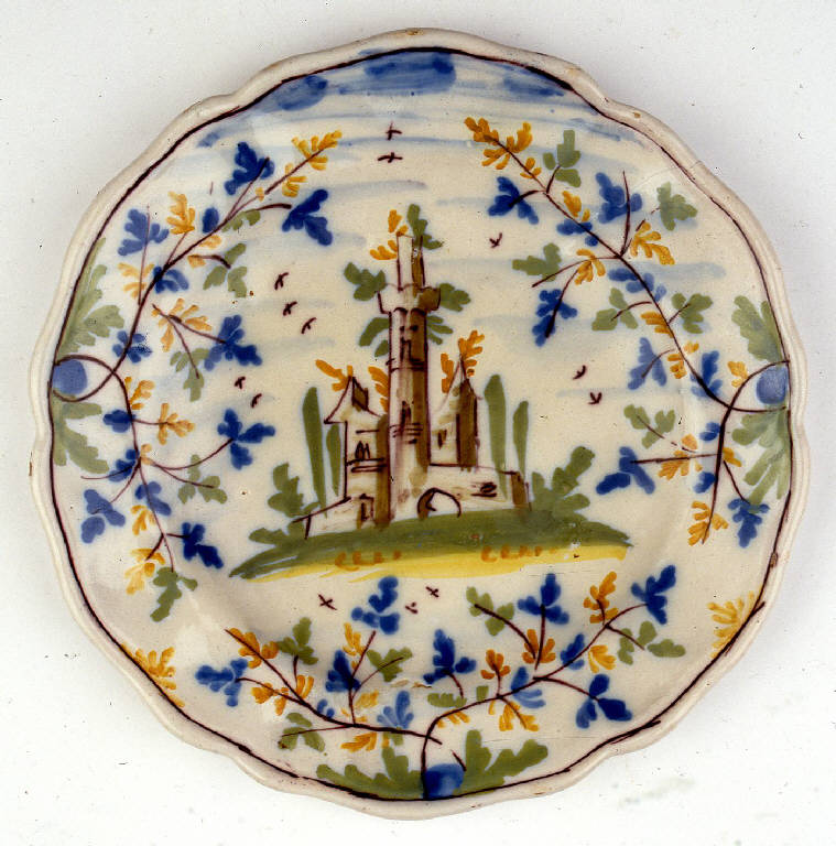 paesaggio con architetture (piatto) di Guangiroli, Angelo Maria (attribuito) (seconda metà sec. XVIII)