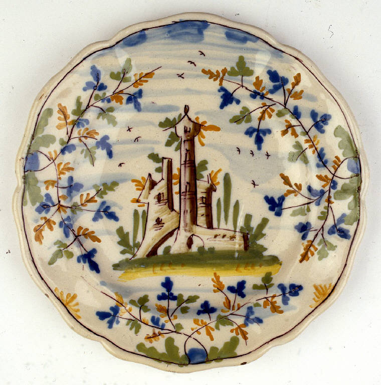 paesaggio con architetture (piatto) di Guangiroli, Angelo Maria (attribuito) (seconda metà sec. XVIII)