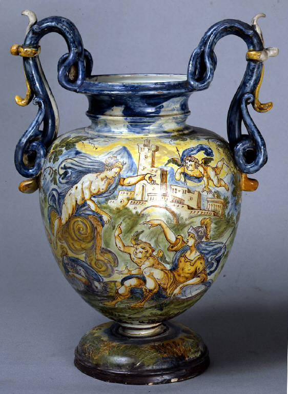 figure mitologiche, elementi decorativi vegetali (grande vaso istoriato) - ambito pavese o lodigiano (metà sec. XVIII)