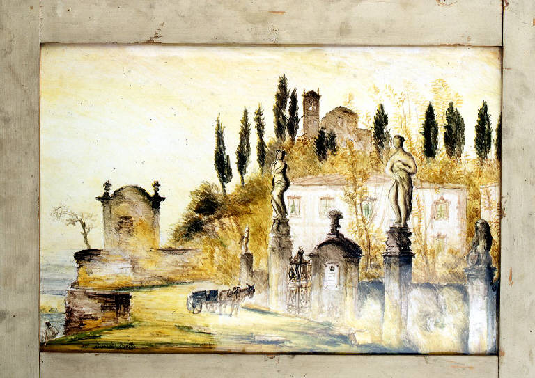 veduta di collina con chiesa (piastra) di Cascella, Michele (attribuito) (secondo quarto sec. XX)